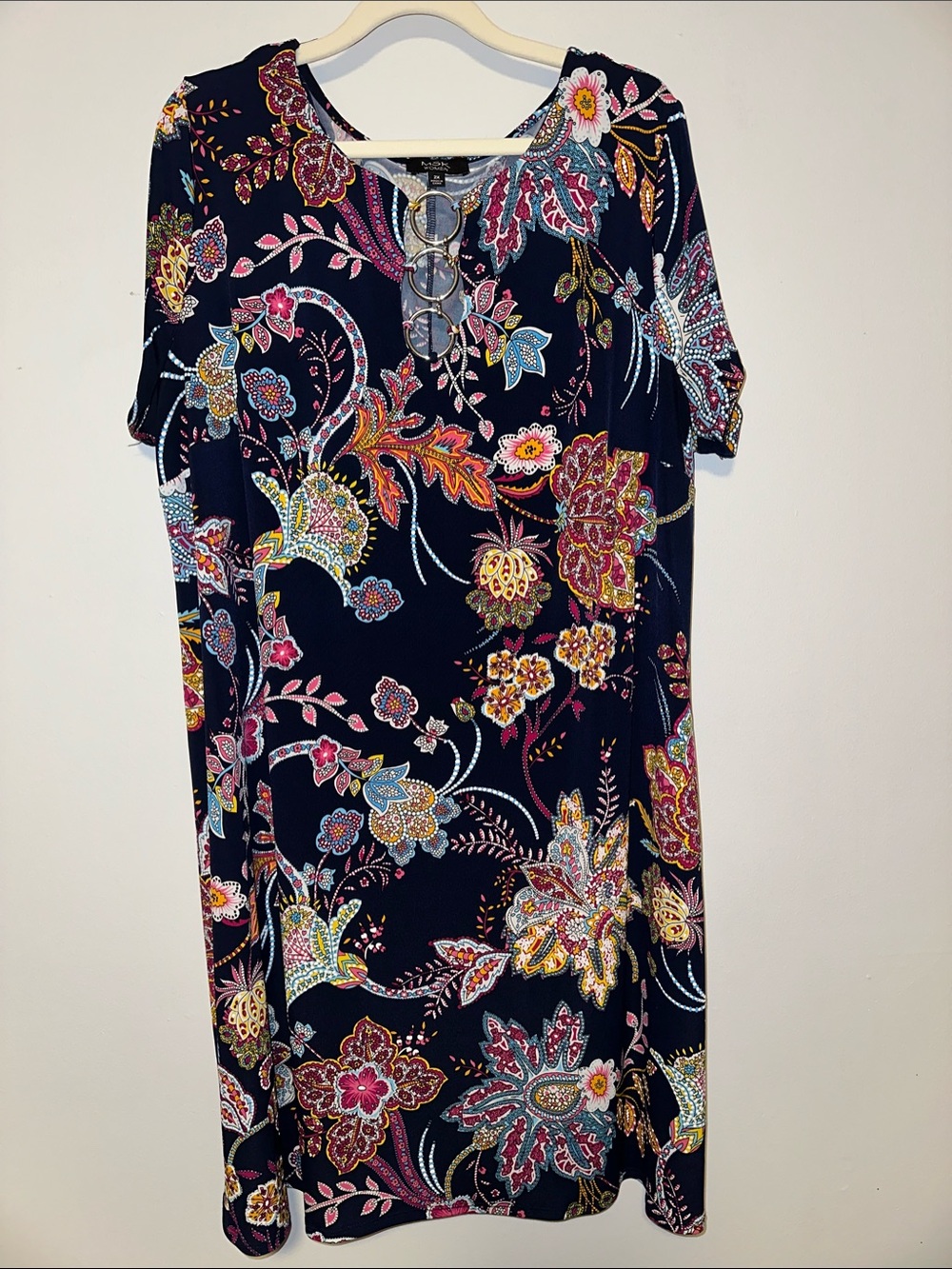 MSK Navy Floral Short-Sleeve Midi Dress 3-Ring Neckline Textured A-Line Size 2X